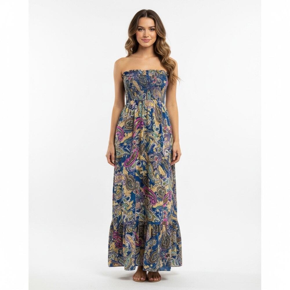 Lani Strapless Paisley Maxi Dress Smocked Boho Blue Medium Vacation Resort